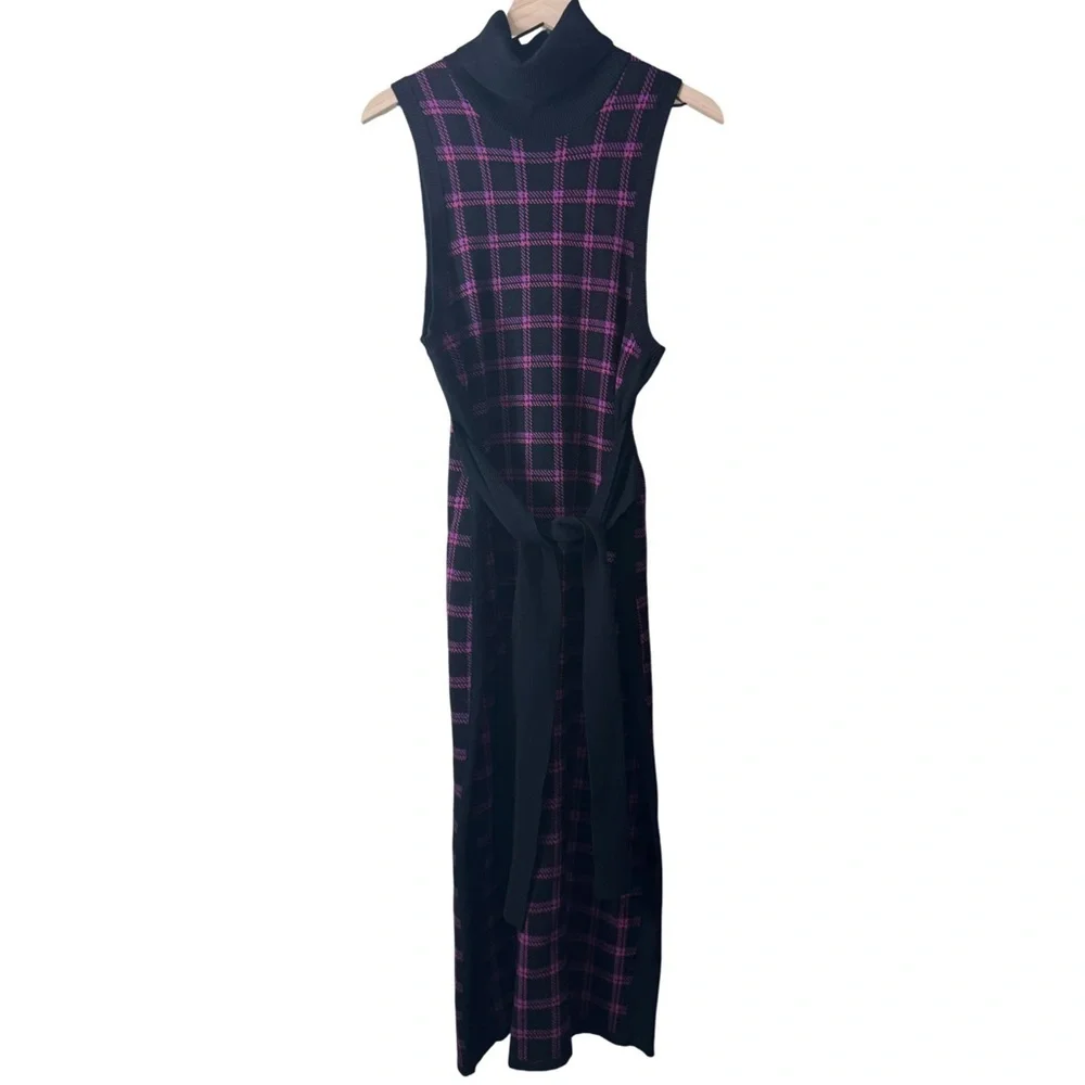 Toccin Peggy Sleeveless Plaid Knit Midi Dress Tie Waist XL Purple Multi